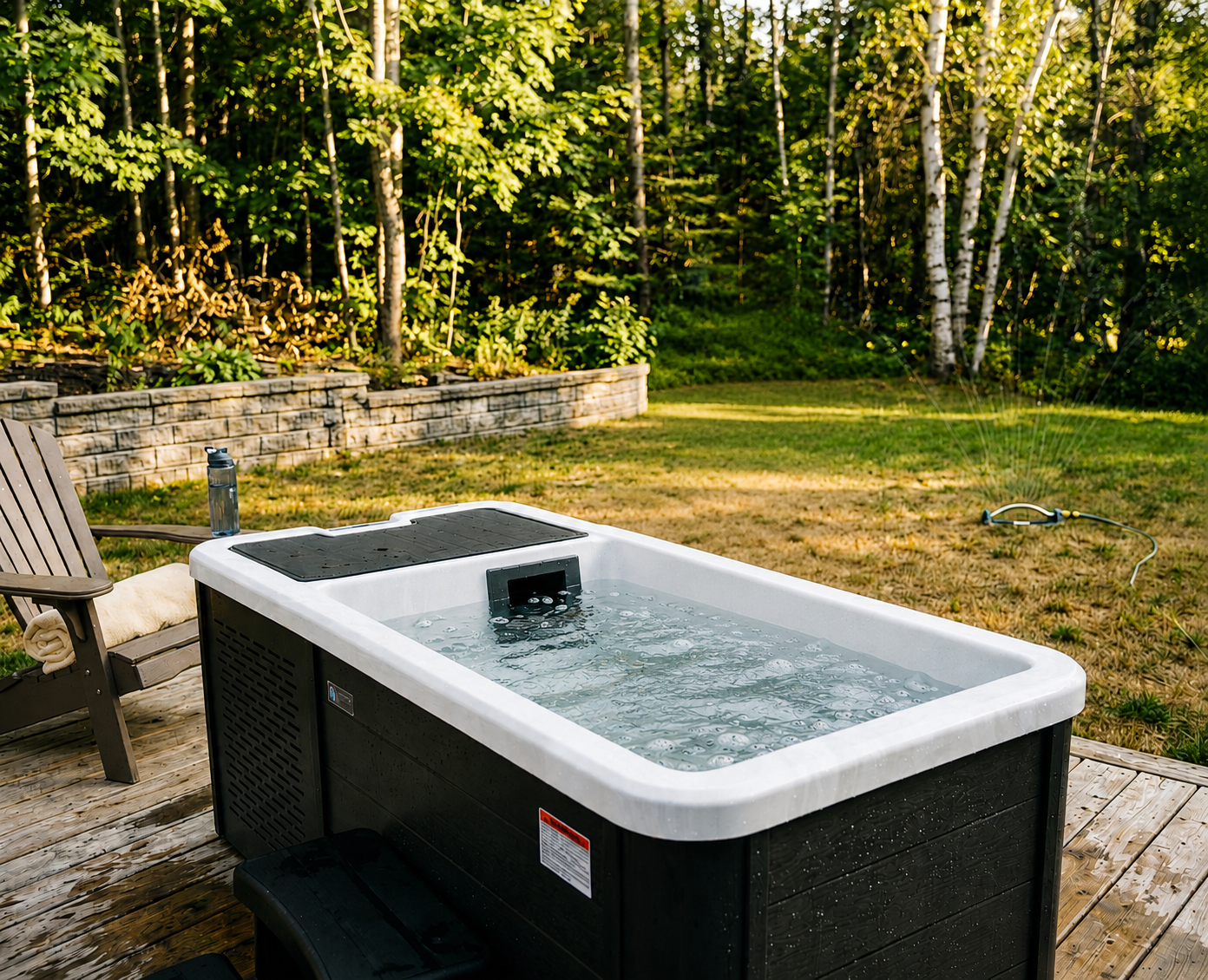 Woman enjoying a Folklore cold plunge on a wooden deck